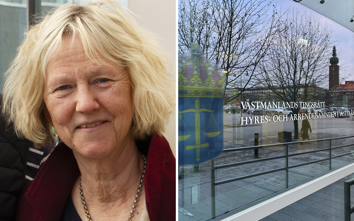 Bild i två delar. TV: Porträtt av Annika Backlund med blond lätt vågig Page-frisyr, vinröd krage och halsband. Hon kisade lite mot solen och log lite. T h: Detta står skrivet på dörren på glasväggen. "Vestmanlands tingsrätt" och "Västerås hyres- och hyresnämnd". Det finns en sluttning framför dig. Glasfönstren speglar kala träd och du kan se några byggnader på avstånd. Västmanlands tingsrätts dom ger bolaget rätt att kräva tvångsförsäljning av flera AB-hem-hus i Sala.