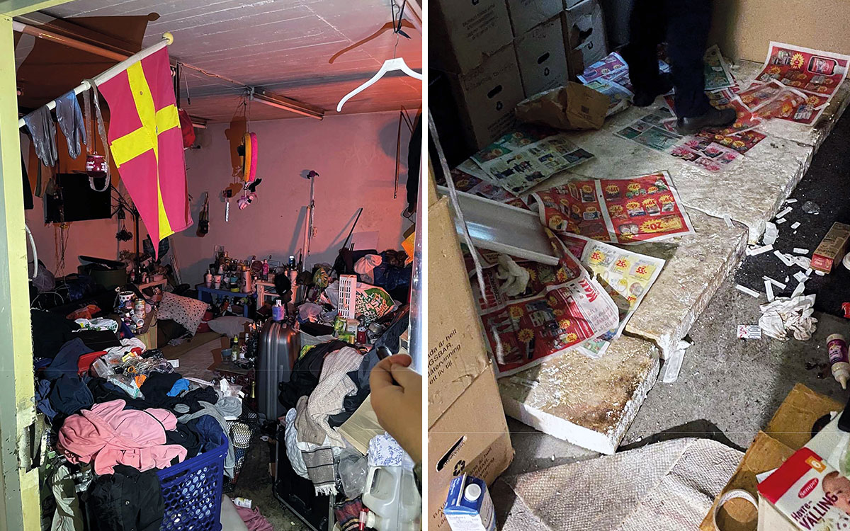 Allmänna utrymmen som inretts och gjorts om till provisoriska bostäder. Bilderna togs av räddningstjänsten i april 2025 och skickades till miljöförvaltningen.