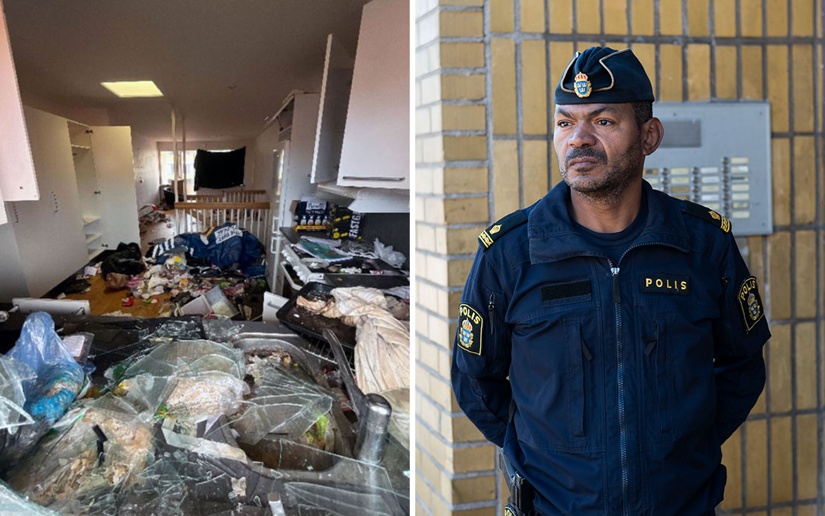 Kommunpolis Carlos Fernando och en kraftigt vandaliserad och nedskräpad lägenhet på Hantverkaregatan i Helsingborg.