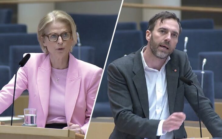 Finansminister Elisabeth Svantesson (M) blev pressad om adresskapningar av riksdagsledamoten Kalle Olsson (S).