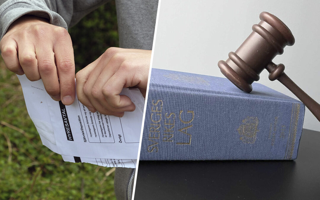 bild på händer som river ett hyreskontrakt och en bild på lagbok och klubba