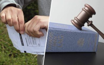 bild på händer som river ett hyreskontrakt och en bild på lagbok och klubba