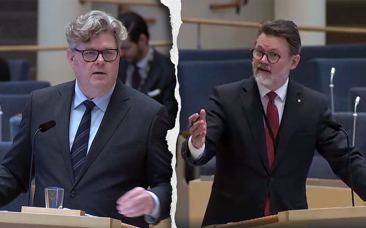Gunnar Strömmer (M), justitieminister, och Markus Kallifatides (S), riksdagsledamot debatterar i riksdagens kammare.