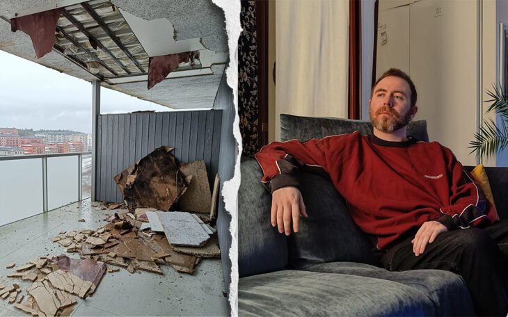 En tudelad bild. På den t v har skivor från underredet till en balkong rasat ner på utrymmet under. Th en man i en soffa. Han tittar ut ur bilden med allvarlig min. Kortklippt mörkt hår och kort mörkt skägg. Röd tröja, svarta byxor. Han har armen på knät som är uppdraget i soffan.