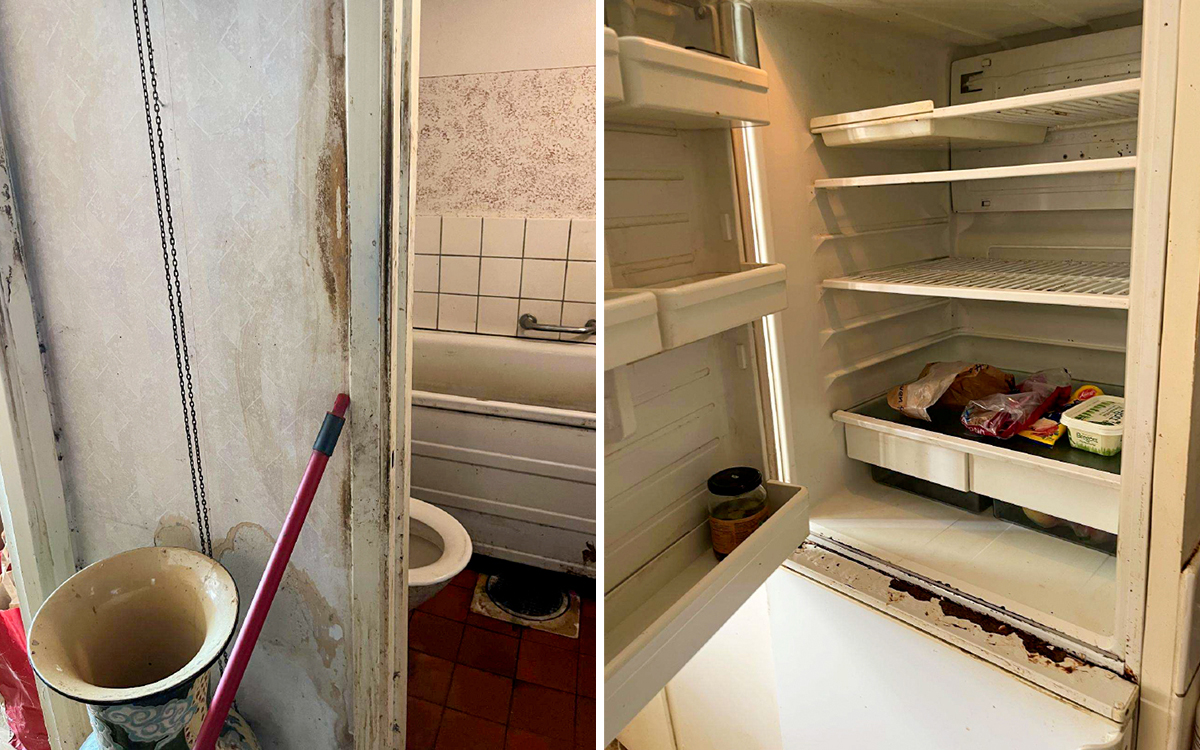 Bild i två delar. Vissa är mycket smutsiga badrum. Den andra delen visar ett kylskåp med lite mat.