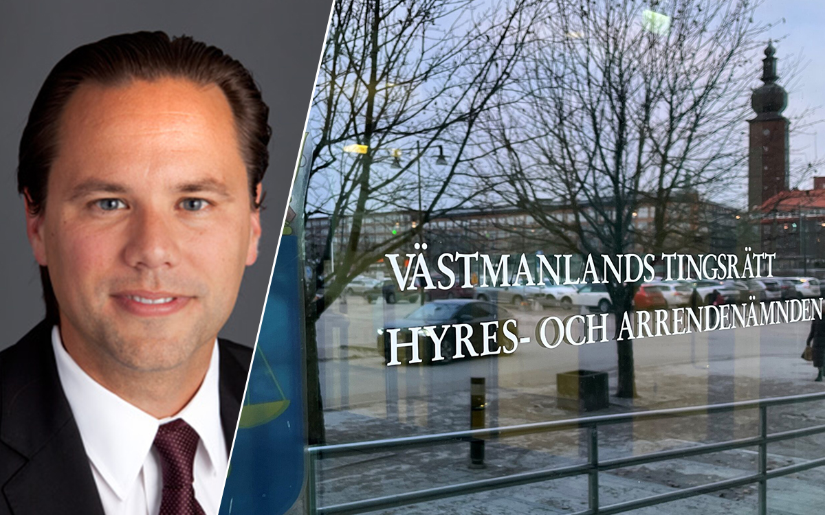 På bilden finns ett stort fönster med följande skrivet på: "Hyres- & arrendenämnd". Tryckt in i det vänstra hörnet av bilden är ett porträtt av en man som stirrar in i kameran.