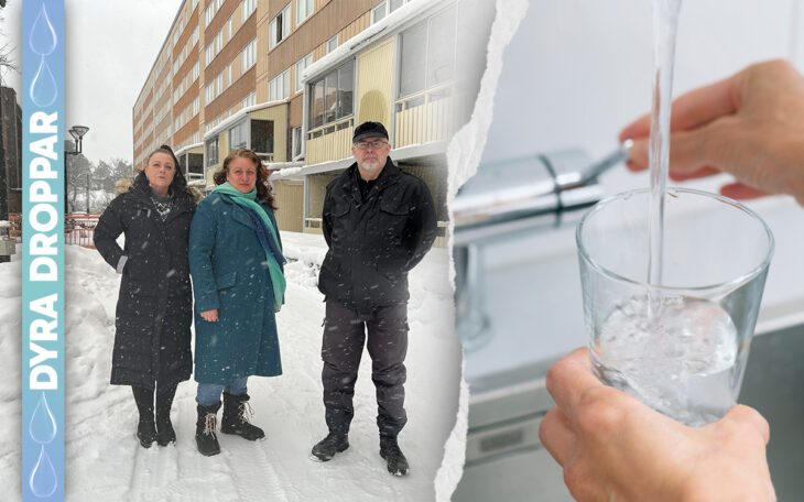 Bild på tre hyresgäster som står i snöoväder utanför miljonprogramshus i Fisksätra/bild på rinnande vatten från kran till ett dricksglas