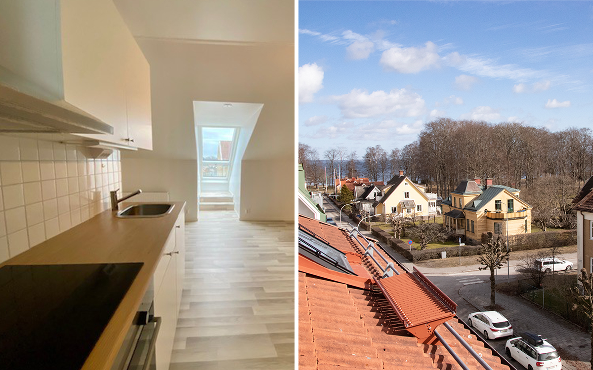 Från vindslägenheternas fönstersmyg skymtar Vänerns vatten. 