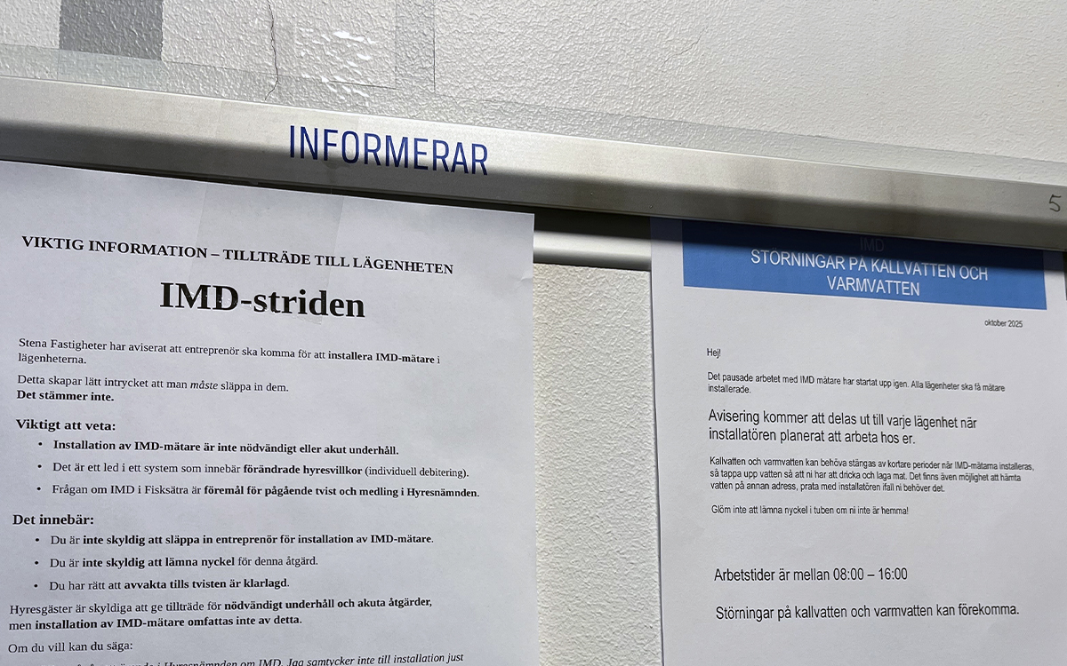 Informationslappar om IMD i trapphus i Fisksätra