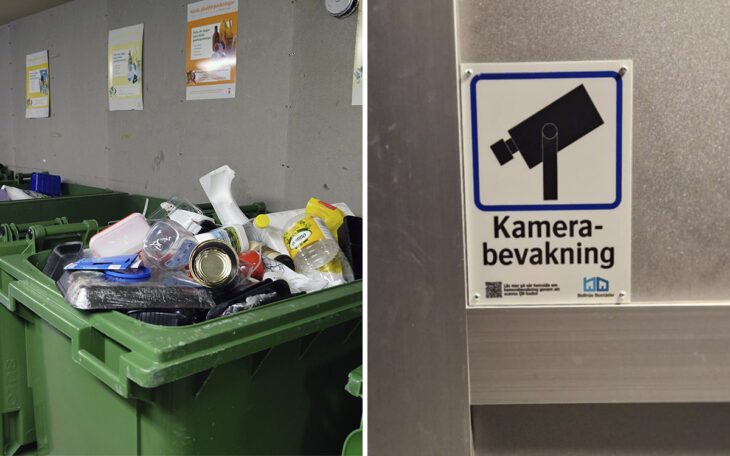 Tvådelad bild. T v: Gröna sopkärl med sopor, närmast i bild ser det ut att vara plastförpackningar. Grå vägg med skyltar om vad som ska ligga i vilket kärl. T h: En skylt om kamerabevakning med Bollnäs bostäders ogga och en qr-kod med en förklarande text under, på en grå dörr. Bollnäs bostäder har börjat kameraövervaka vissa soprum och skicka fakturor till hyresgäster som sorterar fel eller skräpar ner.