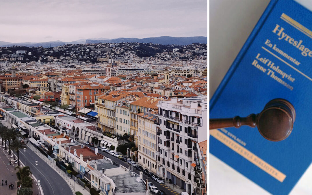 En tudelad bild. Den till vänster är en bild tagen från luften över Promenade Anglais i Nice. Den till höger föreställer hyreslagen i form av en blå bok med en domarklubba.