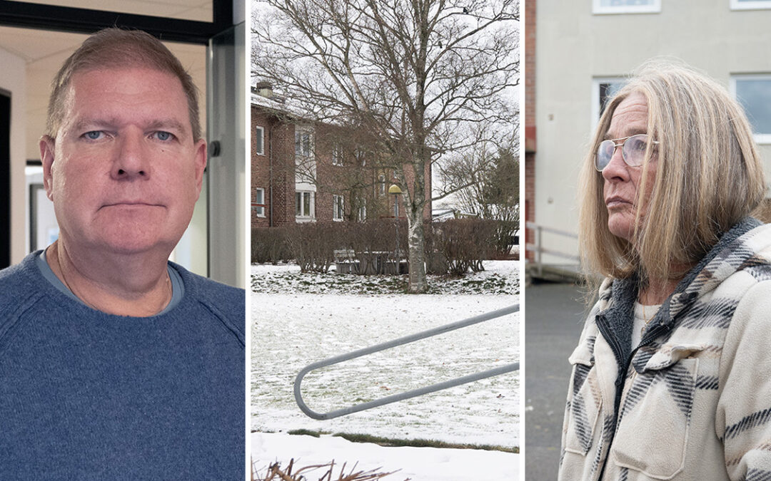 tredelad bild. en man, ett bostadsområde, en kvinna.