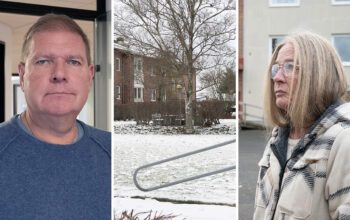 tredelad bild. en man, ett bostadsområde, en kvinna.