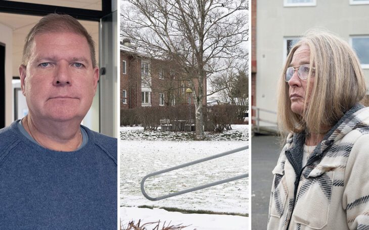 tredelad bild. en man, ett bostadsområde, en kvinna.