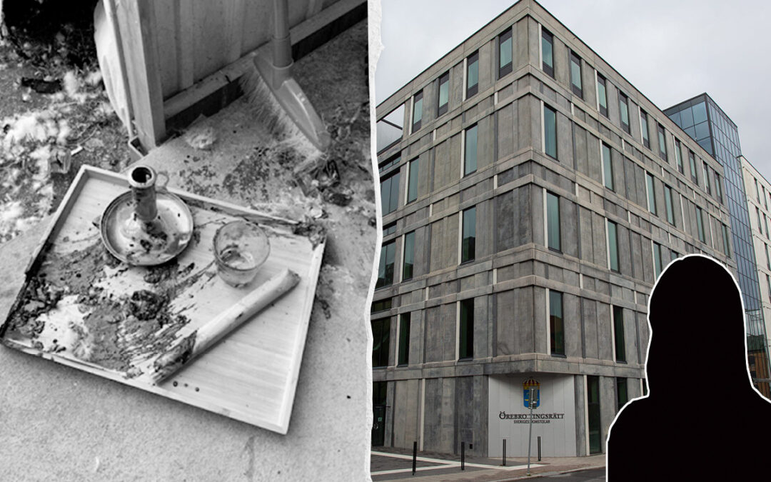 Tvådelad bild. Ena bilden är i svartvitt och visar det som ser ut att vara en skadad bricka med en ljusstake och ett glas på. Den andra bilden är en exteriör av Örebro tingsrätt - en massiv byggnad i betong.