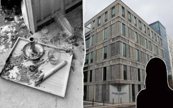 Tvådelad bild. Ena bilden är i svartvitt och visar det som ser ut att vara en skadad bricka med en ljusstake och ett glas på. Den andra bilden är en exteriör av Örebro tingsrätt - en massiv byggnad i betong.