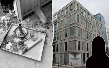 Tvådelad bild. Ena bilden är i svartvitt och visar det som ser ut att vara en skadad bricka med en ljusstake och ett glas på. Den andra bilden är en exteriör av Örebro tingsrätt - en massiv byggnad i betong.