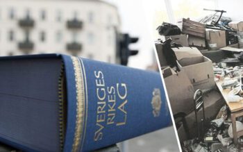 en lagbok och en rum med kartonger och annat.