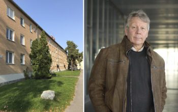 Bild på hyreshus i Traneberg och en bild på manlig jurist