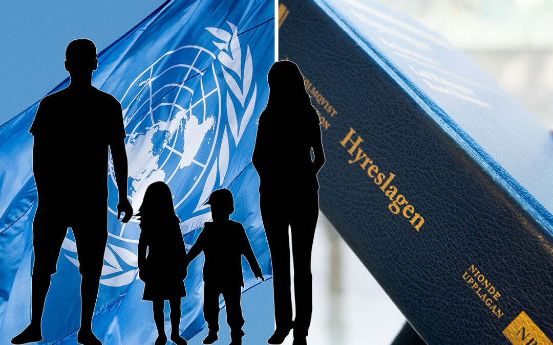 Bilden är ett montage och visar FN-flaggan, hyreslagen samt en silhouttebild på en barfamilj.