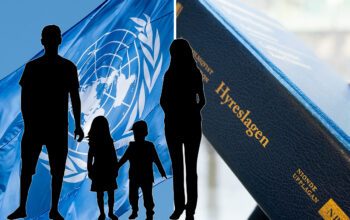 Bilden är ett montage och visar FN-flaggan, hyreslagen samt en silhouttebild på en barfamilj.