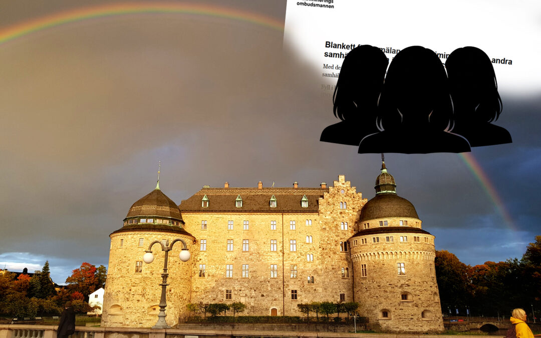 Ett kollage med bilder av Örebro slott under en regnbåge, en siluettbild av tre kvinnor och en logga av DO.