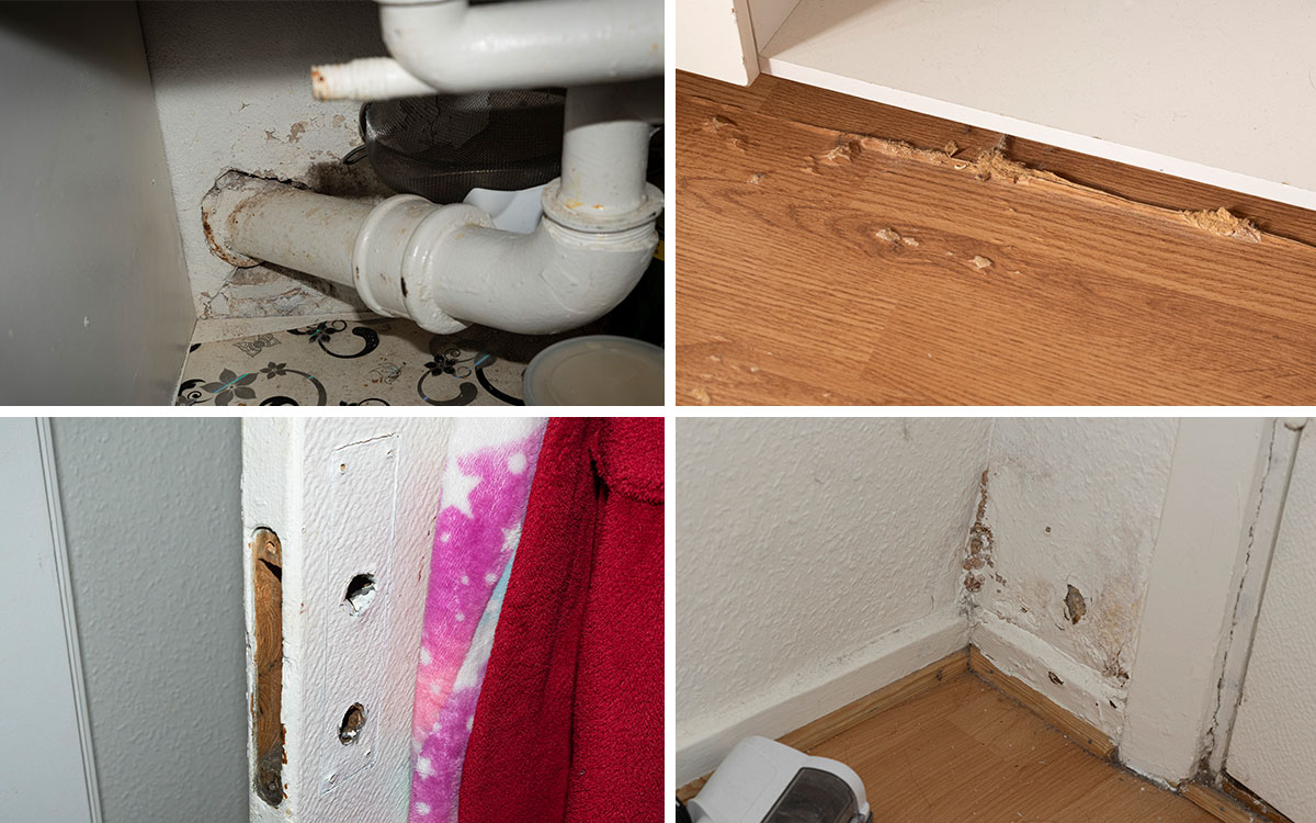 En fyrdelad bild som visar hål i utrymmet under en vask, ett skadat parkettgolv, en dörr utan handtag och avskavd färg i ett hörn.