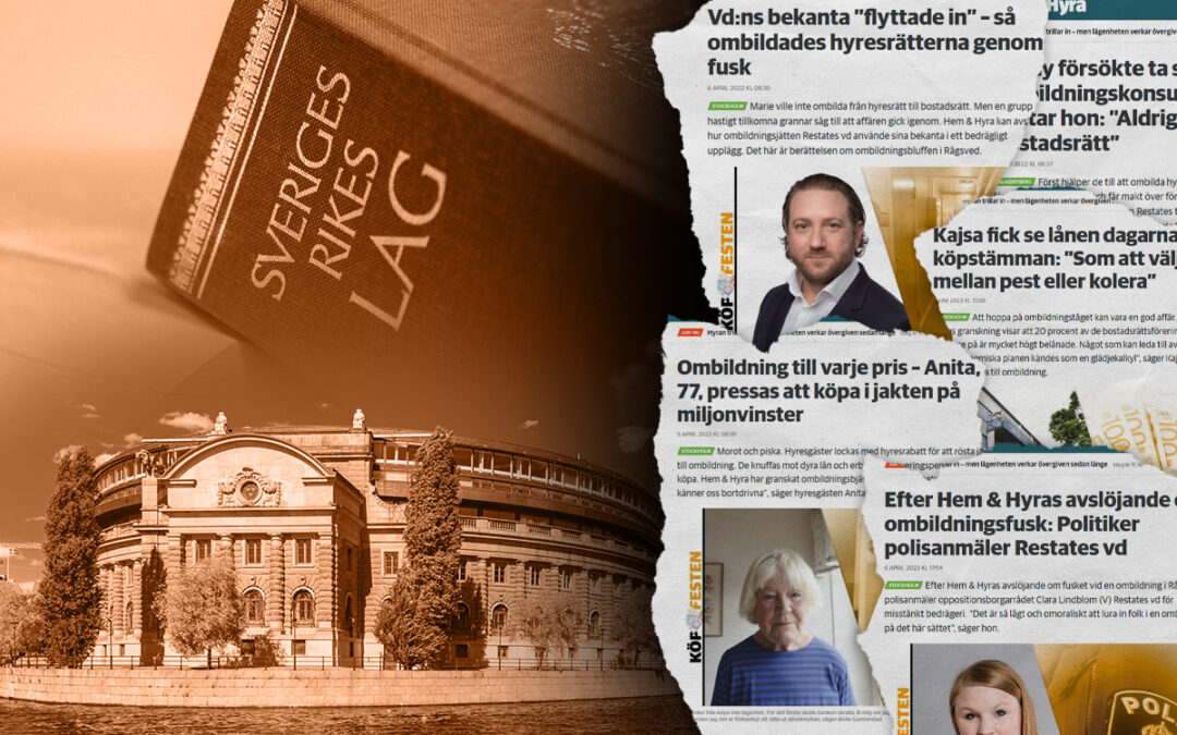 collage med lagbok, riksdagen och tidningsutklipp
