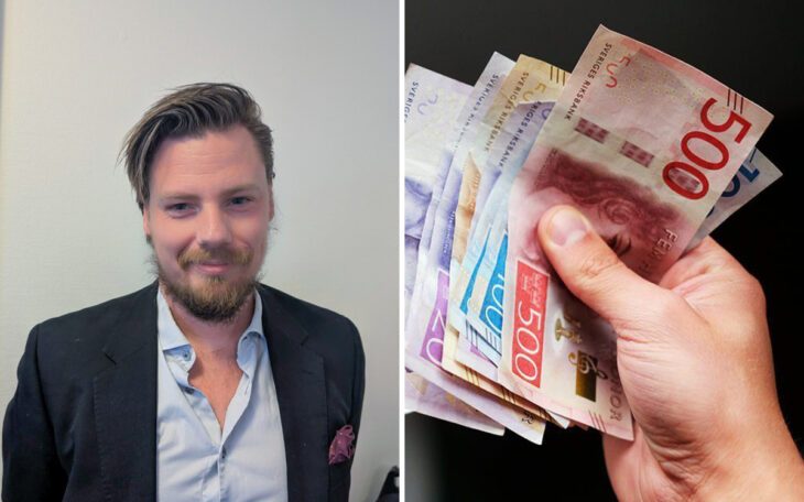Bilden är en split och visar Oscar Magnusson, enhetschef för Hyresgästföreningen sydost. Högra bilden visar en hand medpengar.