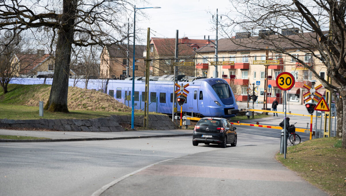 Ett lila vagnståg passerar bakom en nedfallen grind i en vägkorsning i ett bostadsområde.