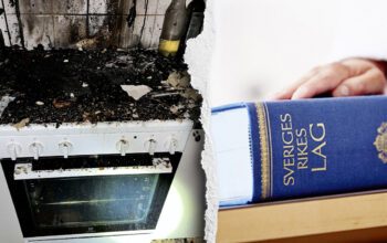 Till vänster en bild på en utbränd spis. Till höger en hand på en lagbok.