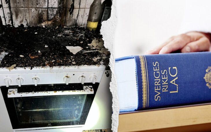 Till vänster en bild på en utbränd spis. Till höger en hand på en lagbok.