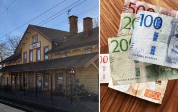 En tudelad bild. Den t v föreställer Knivsta stationshus. Den t h en sedelbunt.