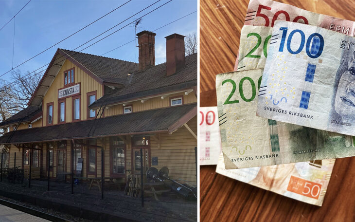 En tudelad bild. Den t v föreställer Knivsta stationshus. Den t h en sedelbunt.