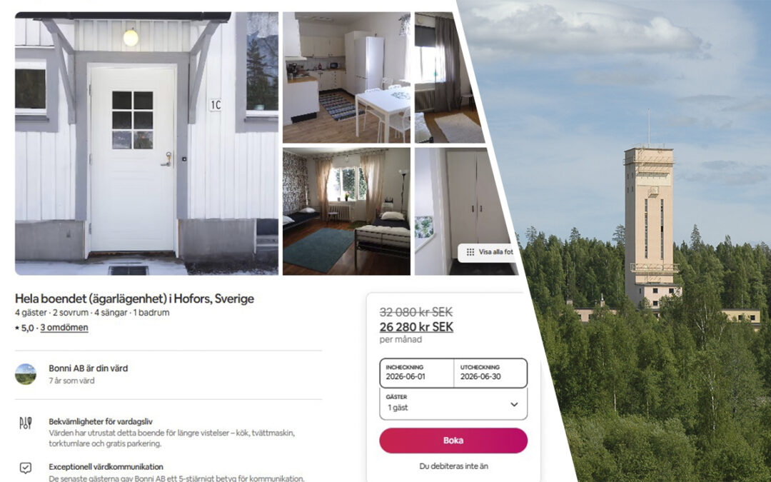 Tvådelad bild: t v: Skärmdump från Airbnb på en av lägenheterna som hyrs ut. För juni månad kostar den 26 280 kronor. t h: Gruvlaven i Bodås i någon slags beige färg sticker upp ur skogen. Blå himmel med moln. En hyresvärd i byn Bodås i Gästrikland slipper förhandlingsordning för att kunna hyra ut en del av lägenheterna billigare på Airbnb.