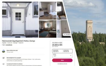 Tvådelad bild: t v: Skärmdump från Airbnb på en av lägenheterna som hyrs ut. För juni månad kostar den 26 280 kronor. t h: Gruvlaven i Bodås i någon slags beige färg sticker upp ur skogen. Blå himmel med moln. En hyresvärd i byn Bodås i Gästrikland slipper förhandlingsordning för att kunna hyra ut en del av lägenheterna billigare på Airbnb.