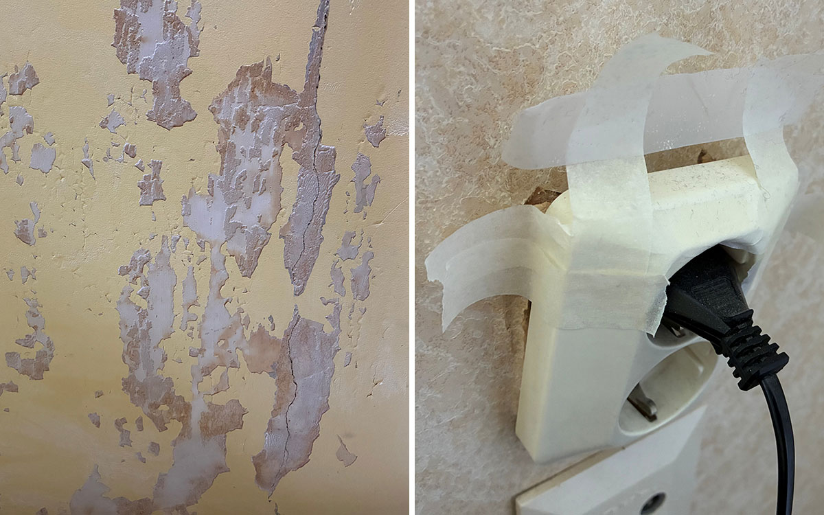 Flagnande tak i entrén och lösa elkontakter hos hyresgäster.