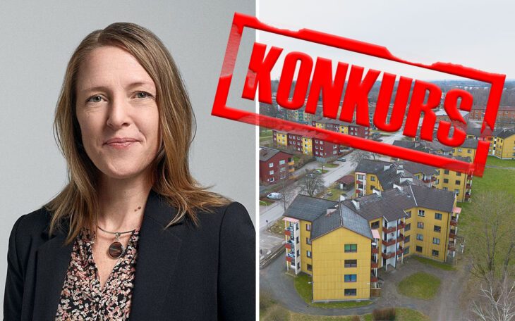 En tvådelad bild som visar ett porträtt på en ung kvinna och gula hus sedda från ovan och en stämpel med texten konkurs.