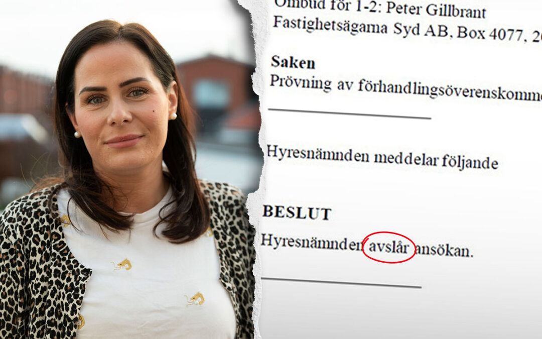 En tvådelad bild med en ung kvinna och en handling från hyresnämnden om en förhandlingsöverenskommelse med inringad text, "avslag".