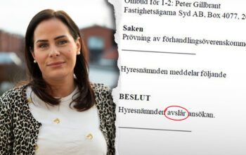 En tvådelad bild med en ung kvinna och en handling från hyresnämnden om en förhandlingsöverenskommelse med inringad text, "avslag".