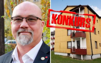En tvådelad bild som visar ett porträtt på en skallig man med skygg, glasögon och ett rockmärke från Socialdemokraterna på kavajslaget samt ett gult flervåningshus och på huset en stämpel med texten konkurs.