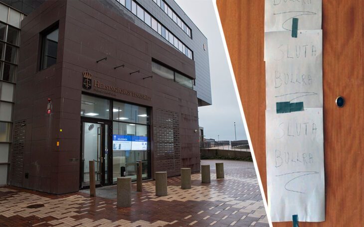 En tvådelad bild som visar en byggnad med texten Helsingborgs tingsrätt samt tre papperslappar som är upptejpade under varandra på en lägenhetsdörr och alla har texten "Sluta bullra".