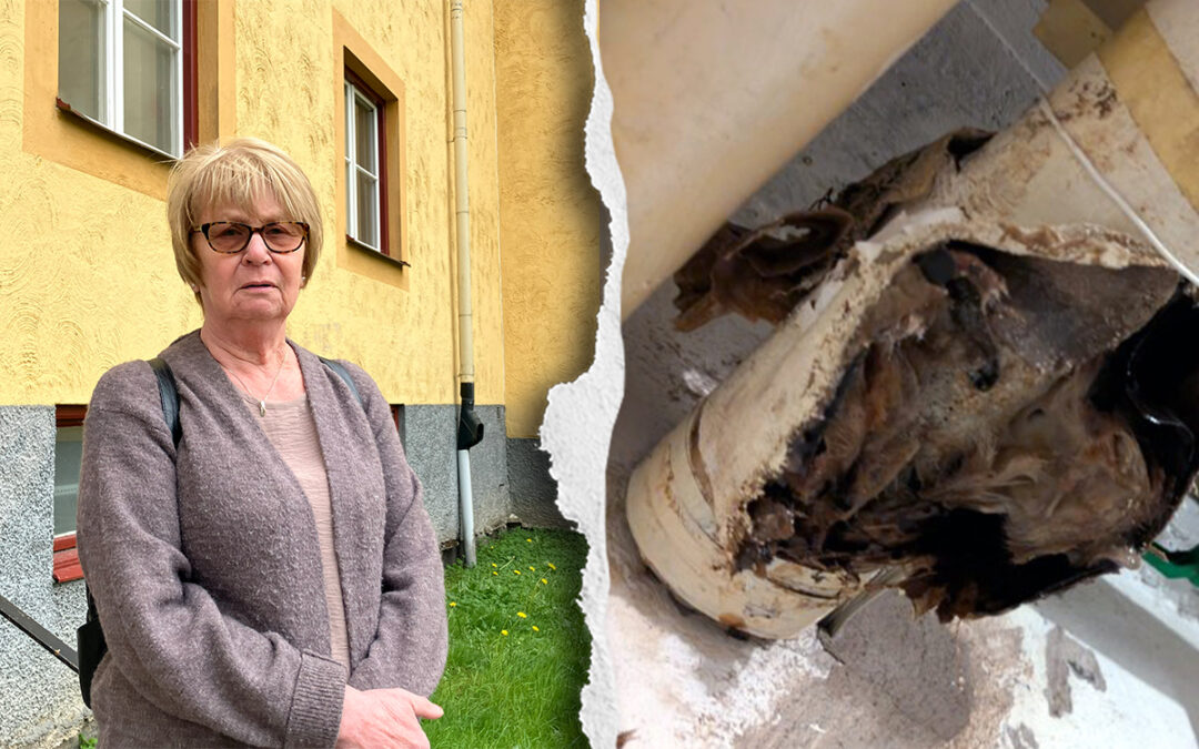 Tudelad bild. Till vänster en äldre kvinna mot en gul husfasad. Hon har tonade glasögon, kort gråblont hår, kofta med topp under i grårosa färgskalor. Hon tittar allvarligt in i kameran med händerna knäppta framför sig. Bilden till höger visar ett rör i taket till ett källarförråd. Röret är uppfläkt och i mycket dåligt skick.