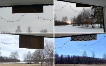 En kollagebild med fyra bilder på mattor som hänger från en balkong.