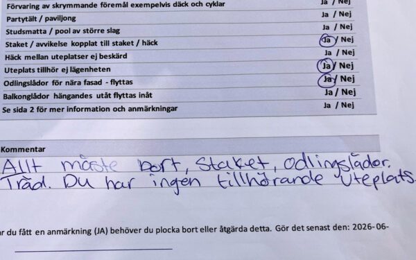 Brev från Rikshem där det står att Rukyie måste ta bort sin uteplats.