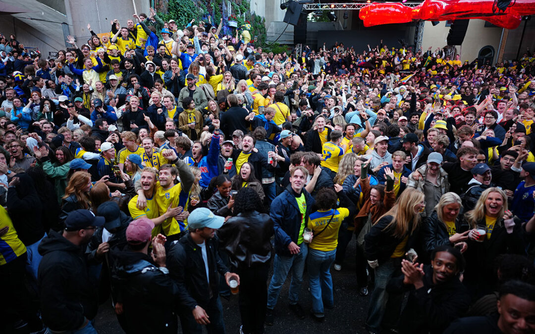 Fotbollsfans som jublar under Sveriges suger mot Tunisien.