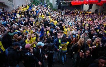 Fotbollsfans som jublar under Sveriges suger mot Tunisien.