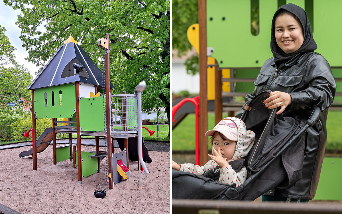 Lekplatsen på Banérvägen 5 är populär, berättar Hadisa Aminy som ofta är här med dottern Asma.