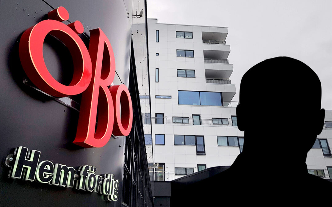 Bildkollage med en bakgrundsbild av ett vitt hus och en svartvägg där Öbos röda logga syns. Därtill en siluettbild av en person.