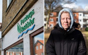 En tvådelad bild som visar en husfasad med skylten Perstorpsbostäder samt en äldre kvinna med blåa ögon, tatuering vid ena ögat, piercing i näsan och blå luva uppdragen över huvudet.